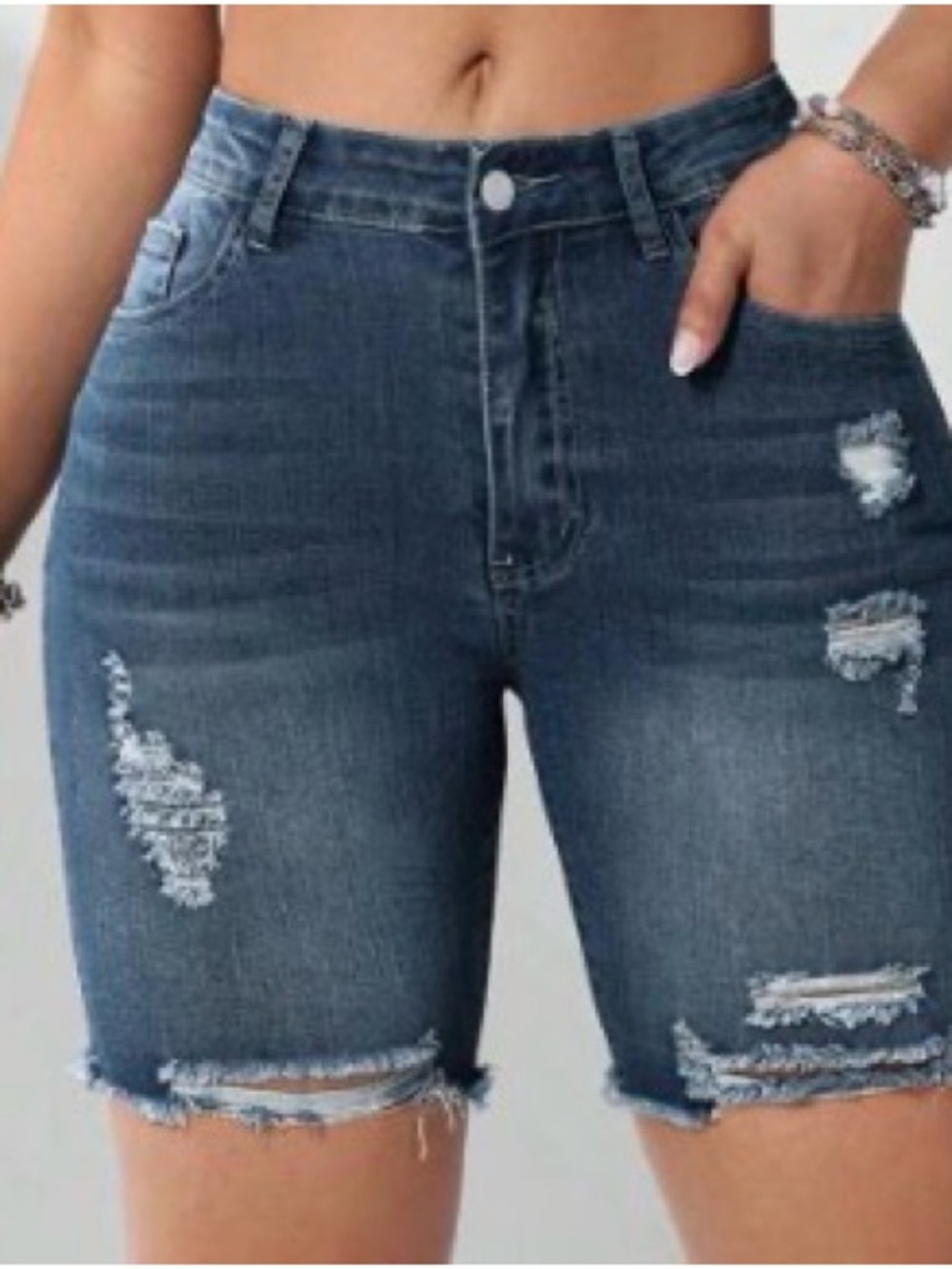 SHEIN-Curve Distressed Denim Bermuda Shorts - Dark Blue - 1XL